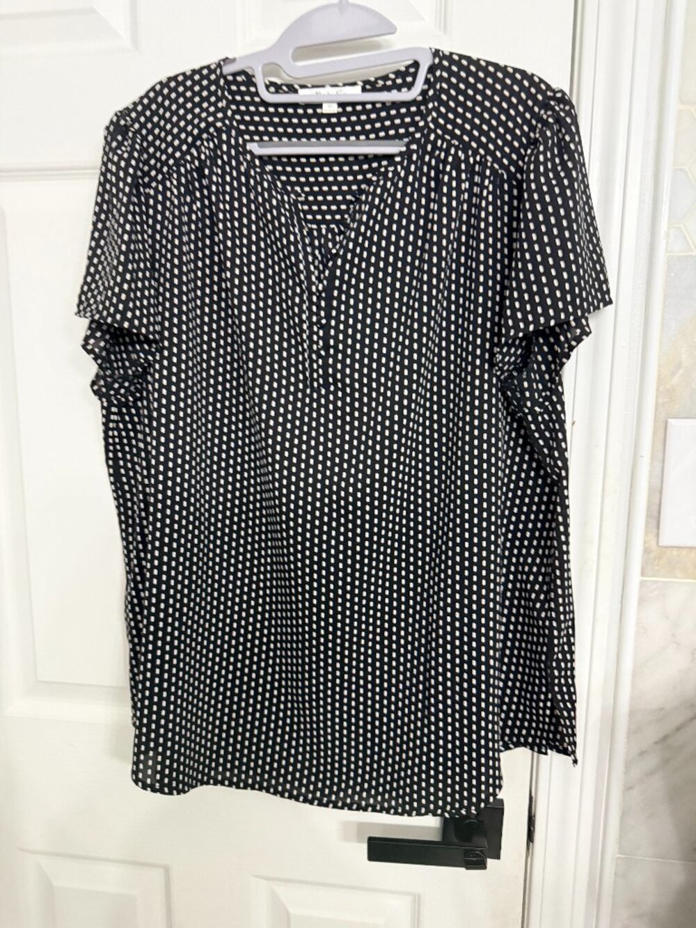 Monday Fun Black & White Geometric Print Split Neck Blouse 1X